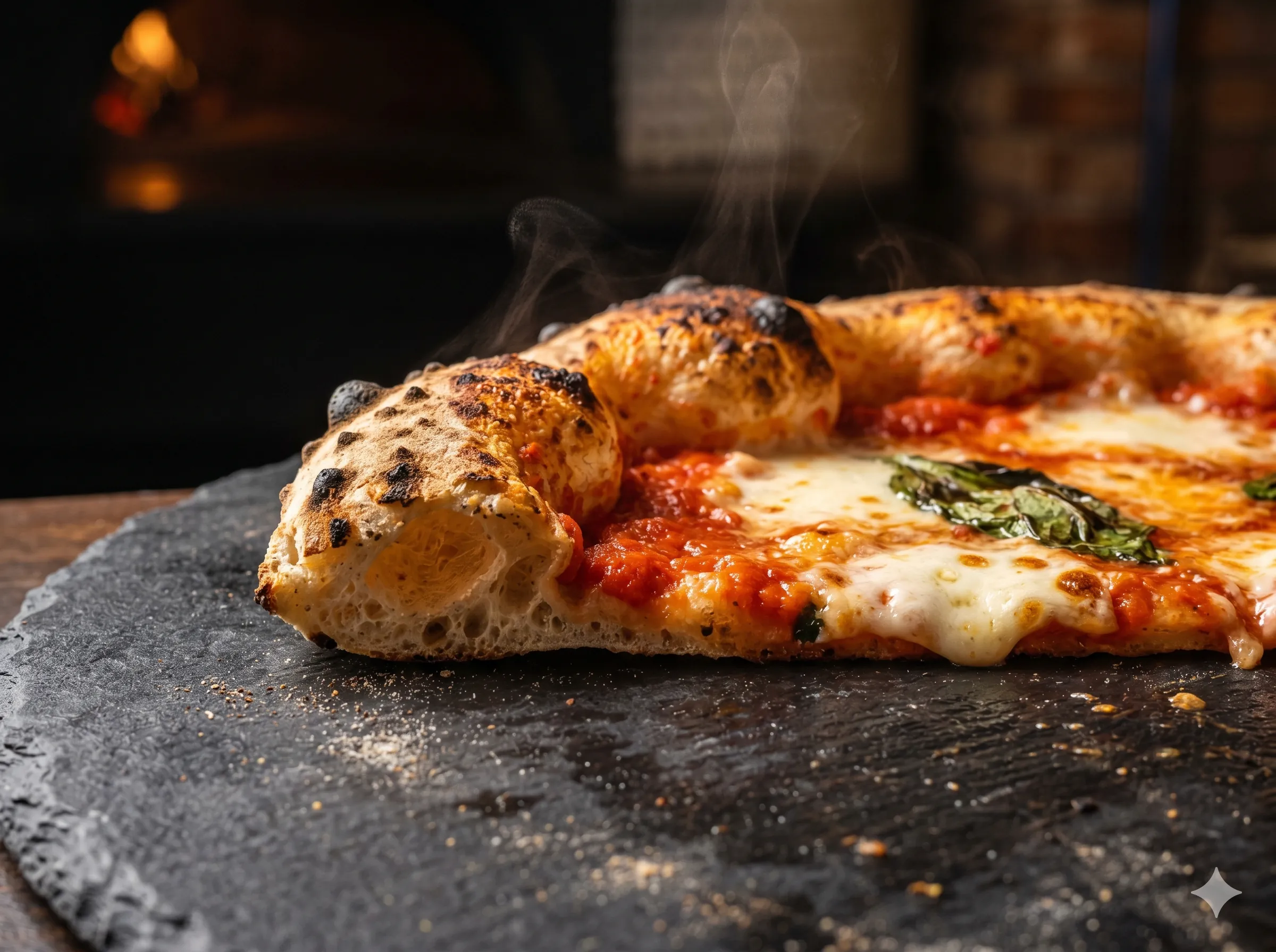 A pizza crust blistering and rising under high heat inside a rustic oven.